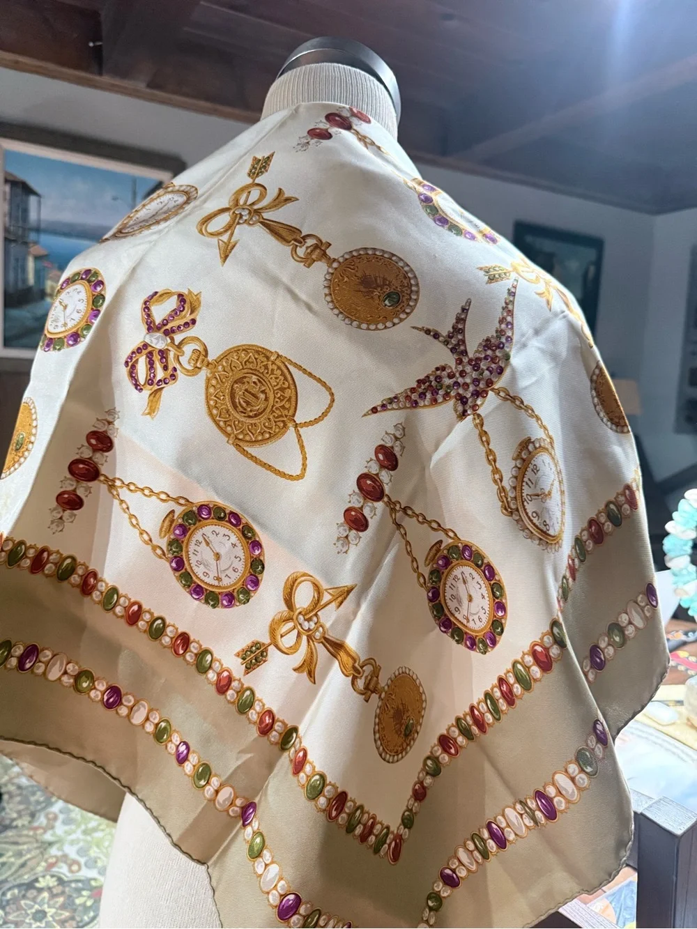 Vintage Dior Silk Scarf in Cream, Gold and Purple Accent